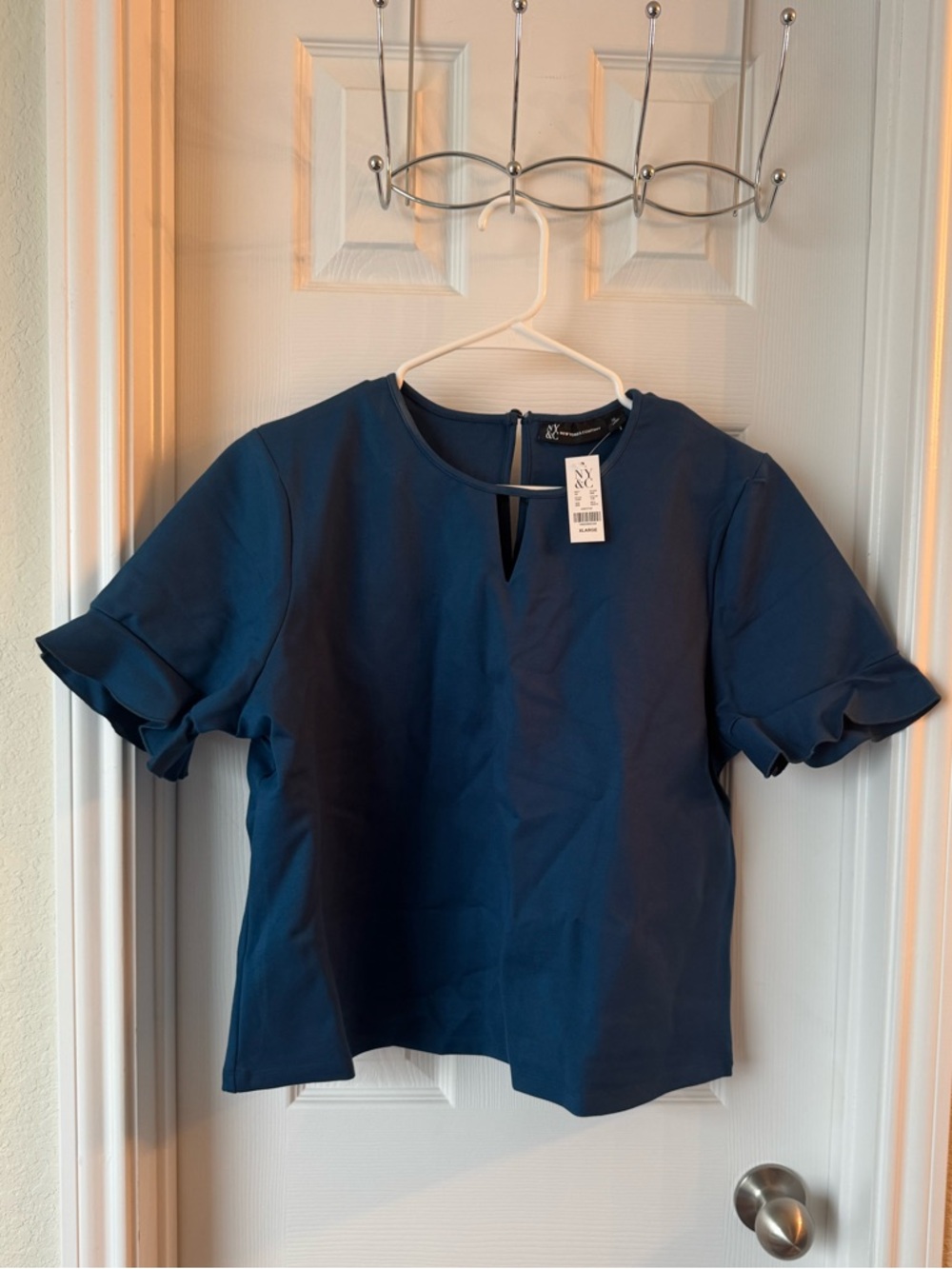 New York & Company Navy Ruffle Sleeve Top